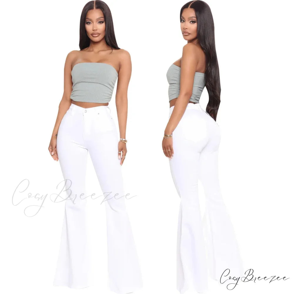 Stretch Slim Flare for Women Pink Bell Bottom 2024 High Waist Skinny Boot-cut Denim Woman Jean White / S