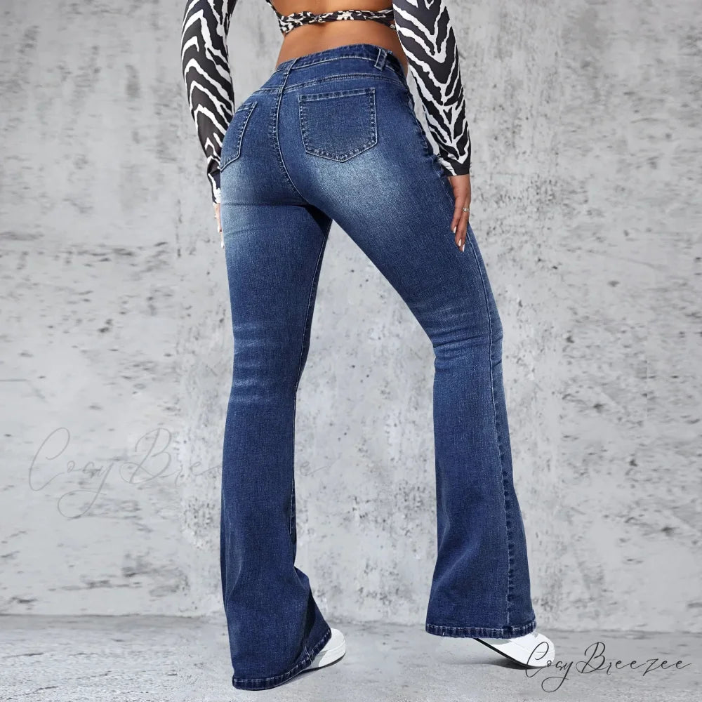 Stretch Slim Retro High Waist Stitched Washed Bell-Bottom Denim Jean