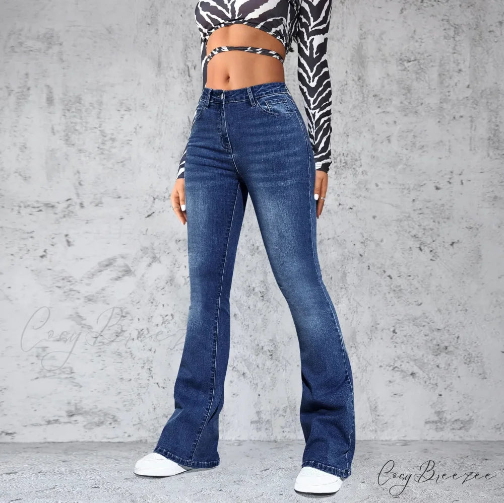 Stretch Slim Retro High Waist Stitched Washed Bell-Bottom Denim Jean