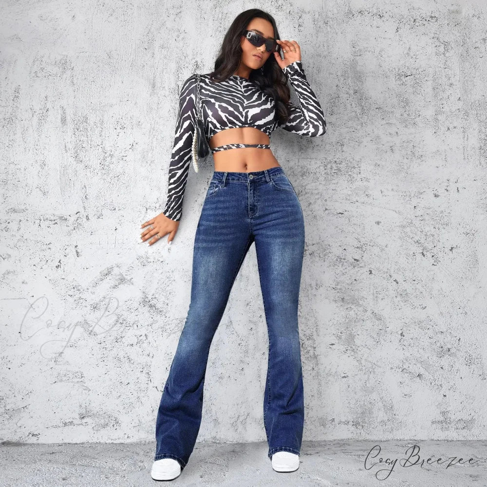Stretch Slim Retro High Waist Stitched Washed Bell-Bottom Denim Jean