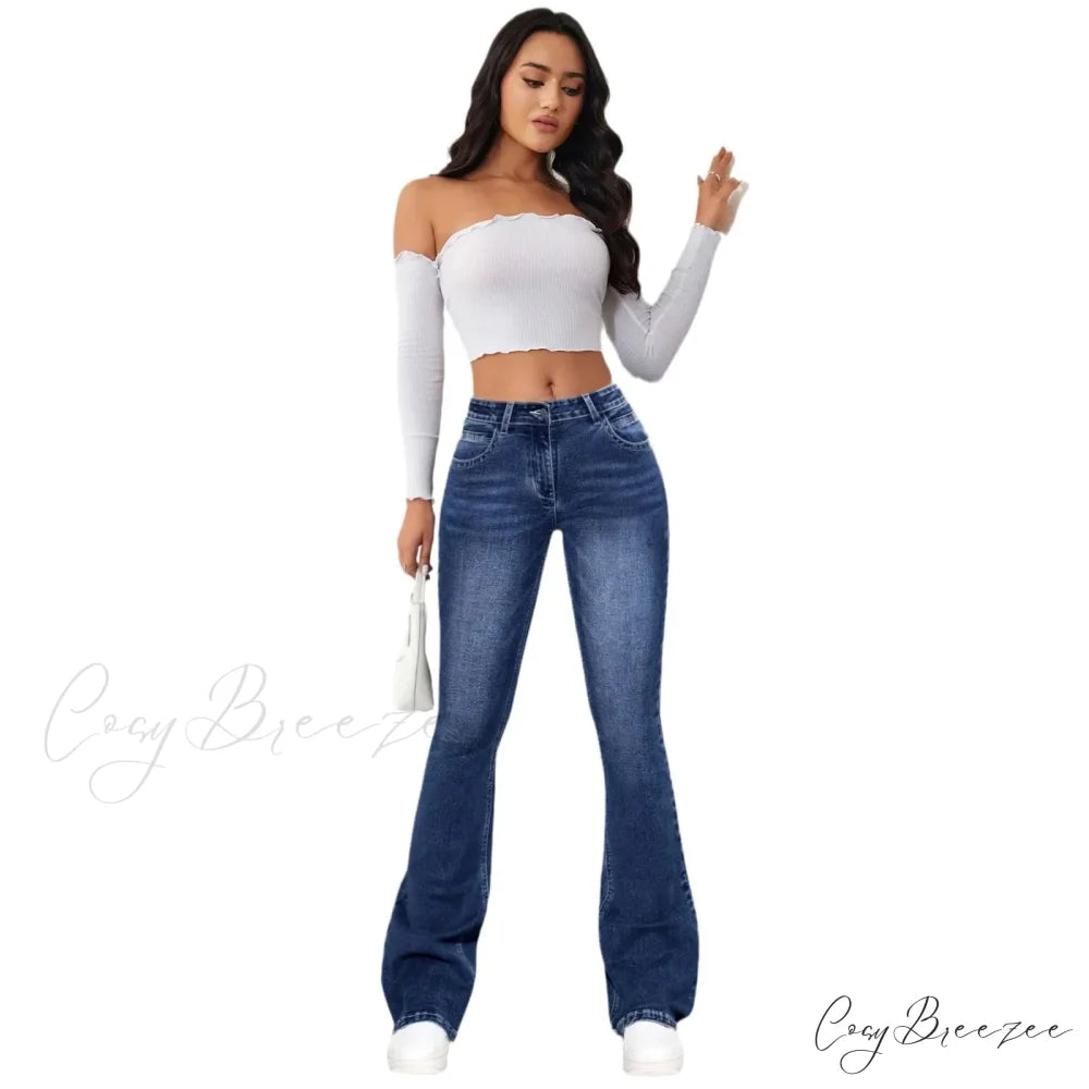 Stretch Slim Retro High Waist Stitching Washed Bell-Bottom Fashionable Stylish Elegant Jean
