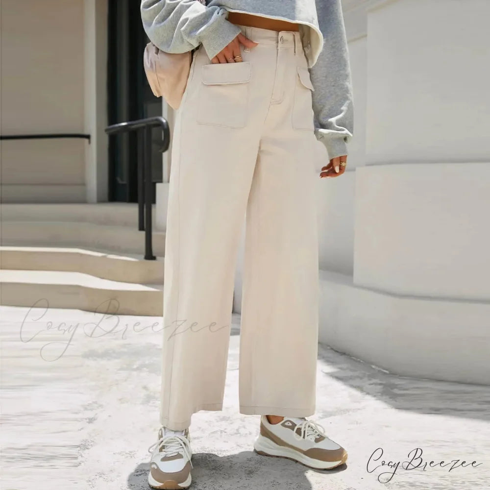 Stretch Waist Baggy Cargo Wide Leg Jeans Beige / XS