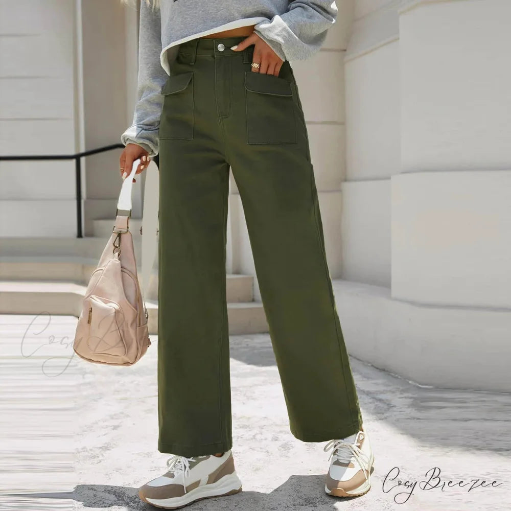 Stretch Waist Baggy Cargo Wide Leg Jeans GREEN / XS