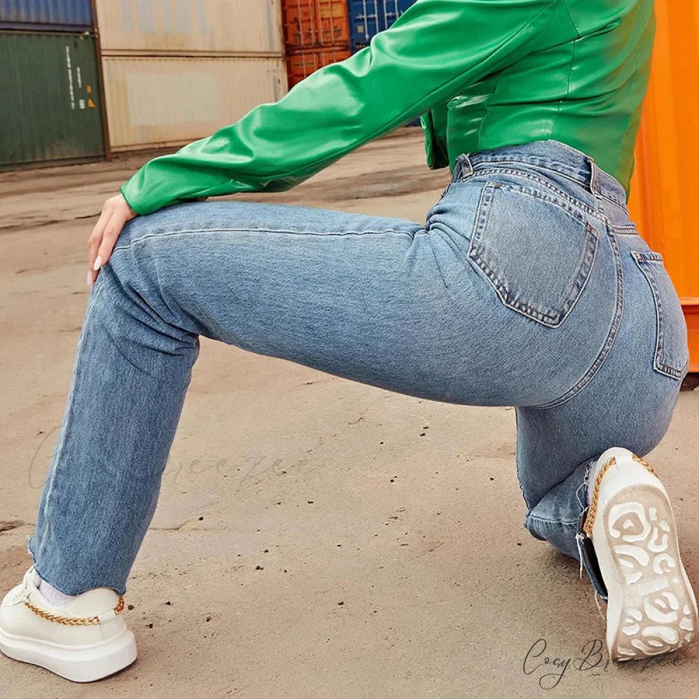 Stretch Wide Vintage Streetwear Loose Blue Washed Mom Straight Denim Jean