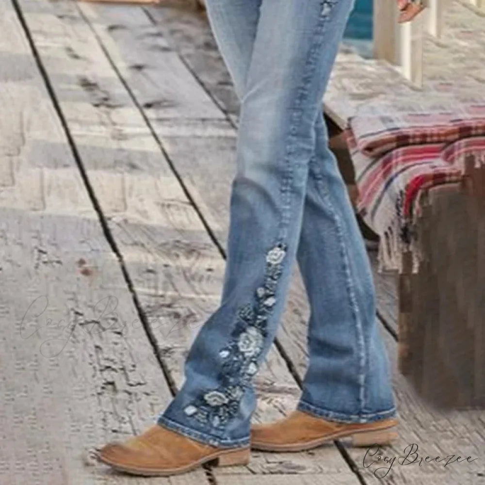Stretch Women’s 90s Vintage Clothes Printed Denim Loose Washed Fashion Women’s Flare Blue Casual Women’s Pant Jean
