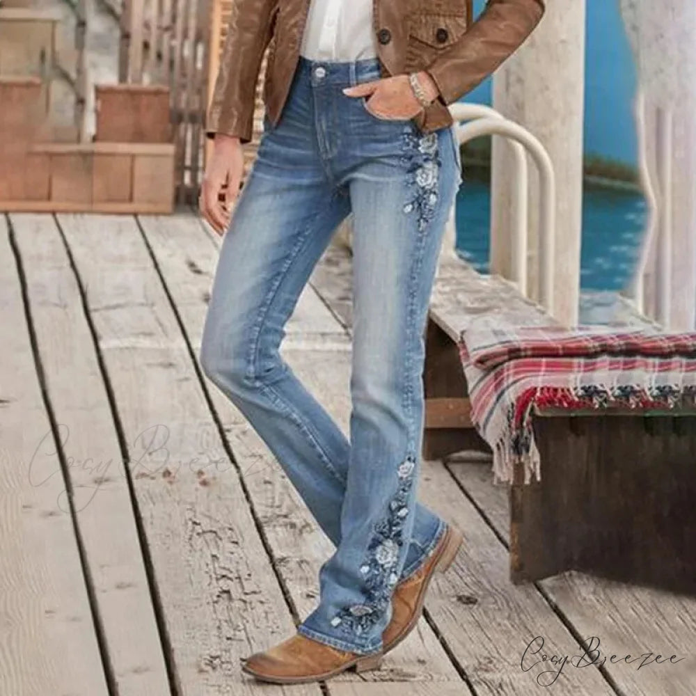 Stretch Women’s 90s Vintage Clothes Printed Denim Loose Washed Fashion Women’s Flare Blue Casual Women’s Pant Jean Blue