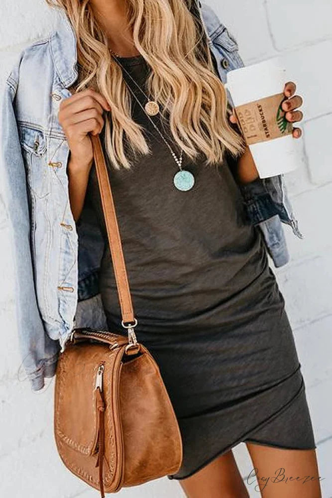 Stretchy Bodycon Dress with Short Sleeves and Ruched Detail M / White