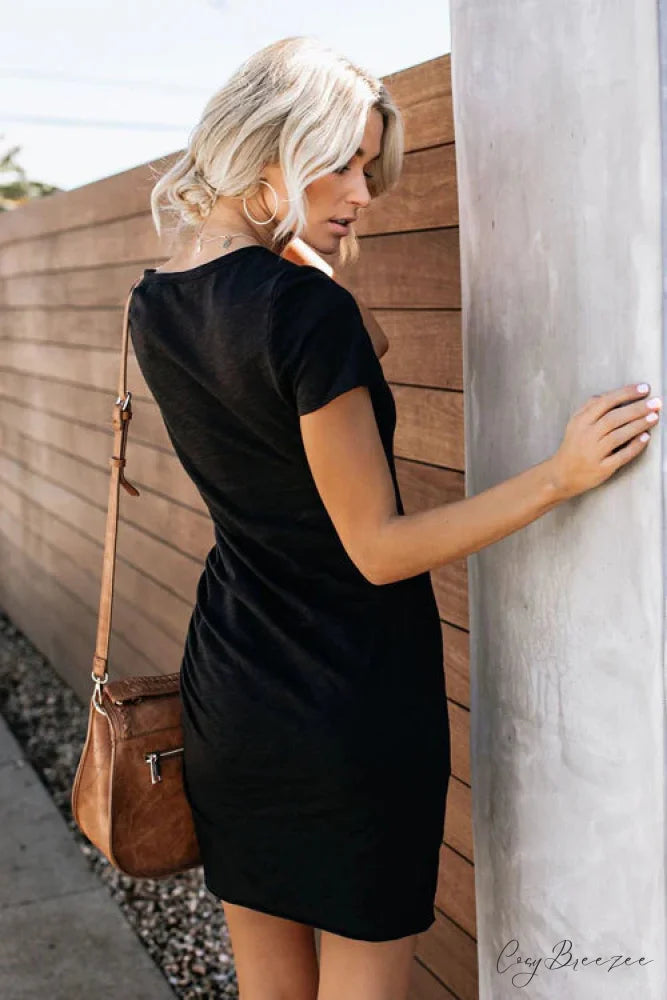 Stretchy Bodycon Dress with Short Sleeves and Ruched Detail S / Gray