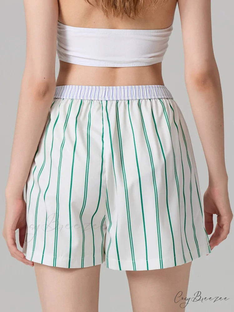 Stripe Button Elastic Waist Shorts short-250223