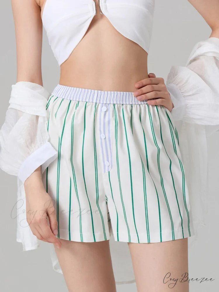 Stripe Button Elastic Waist Shorts short-250223