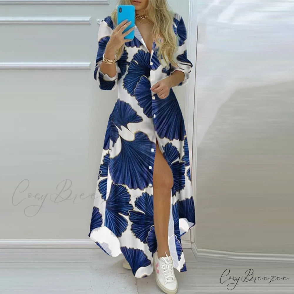 Stripe Button Single Breasted - Gown with Coastal Long Party Design Spring/Summer Colorful Full-Length Dress Blue