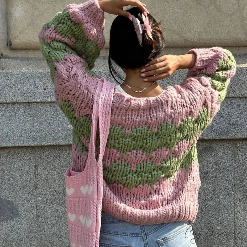 Stripe Pattern Lantern Sleeve Cropped Cardigan cardiagn-250126