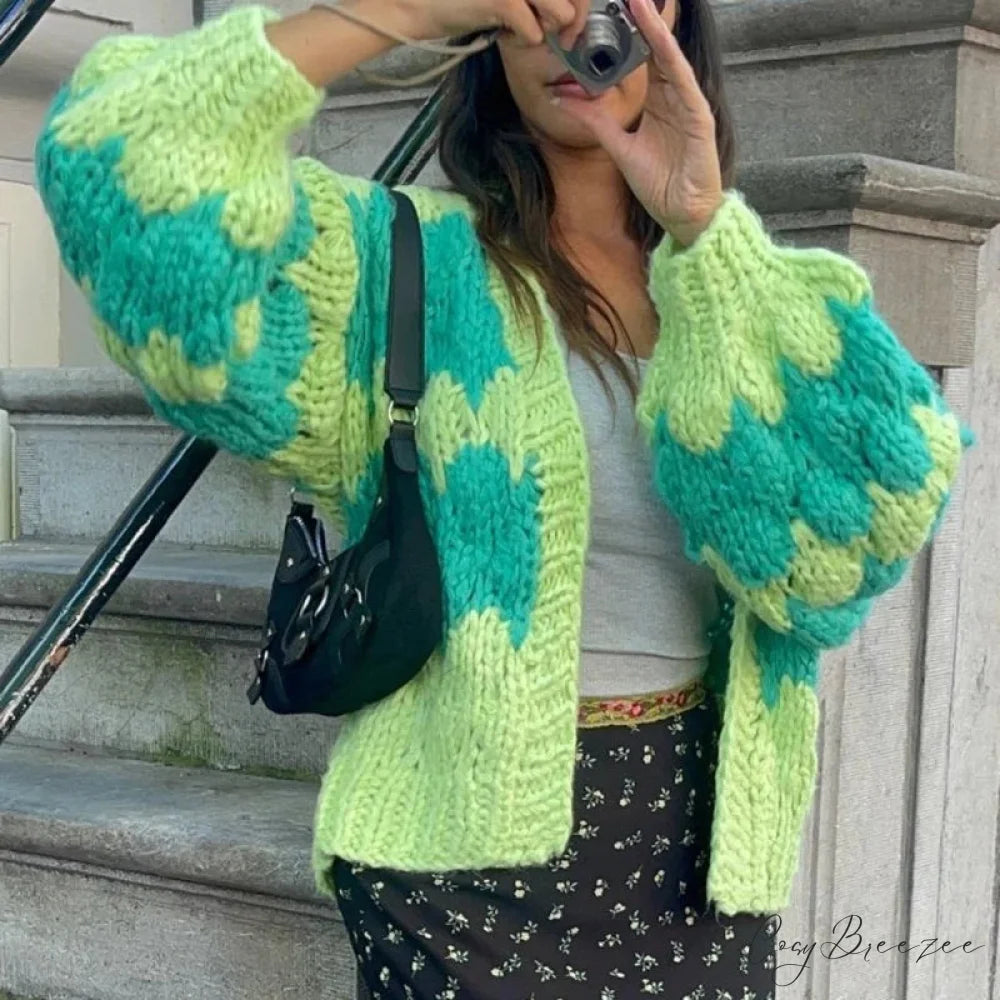 Stripe Pattern Lantern Sleeve Cropped Cardigan Forest Green / S cardiagn-250126