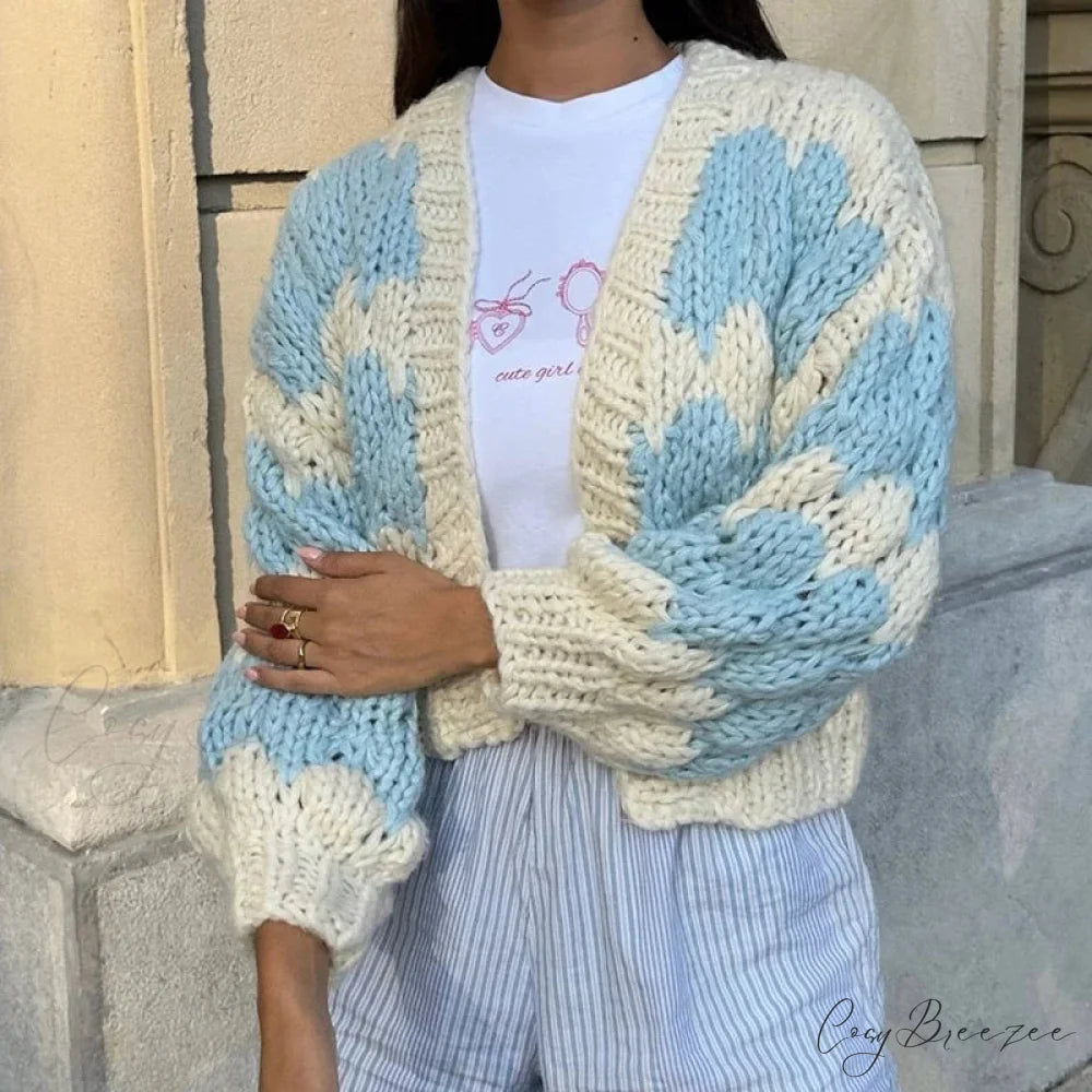 Stripe Pattern Lantern Sleeve Cropped Cardigan LIGHT BLUE / S cardiagn-250126