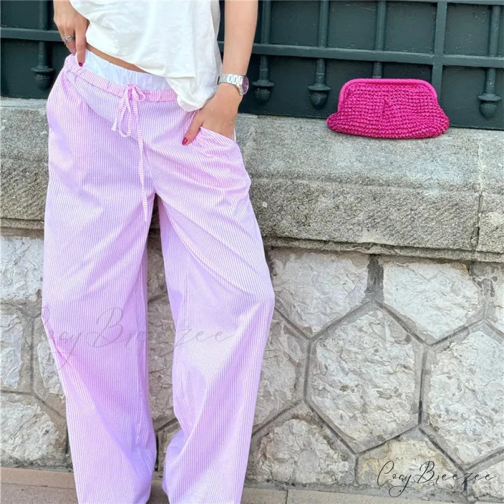 Striped Casual Gathered Retro Straight Pant pant-250223