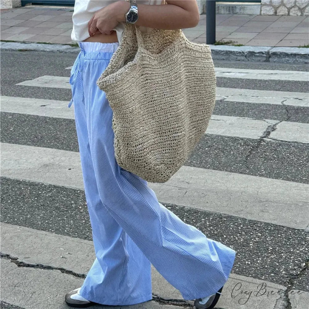 Striped Casual Gathered Retro Straight Pant pant-250223