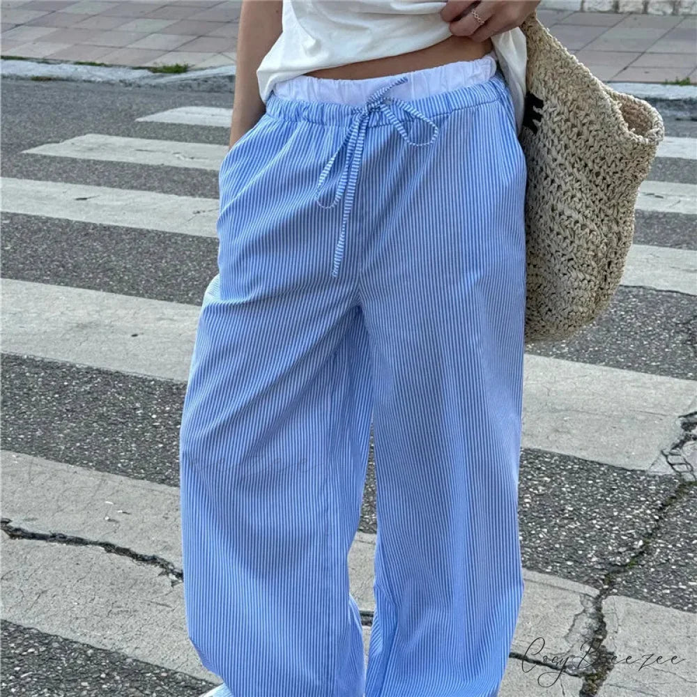 Striped Casual Gathered Retro Straight Pant Blue / S pant-250223