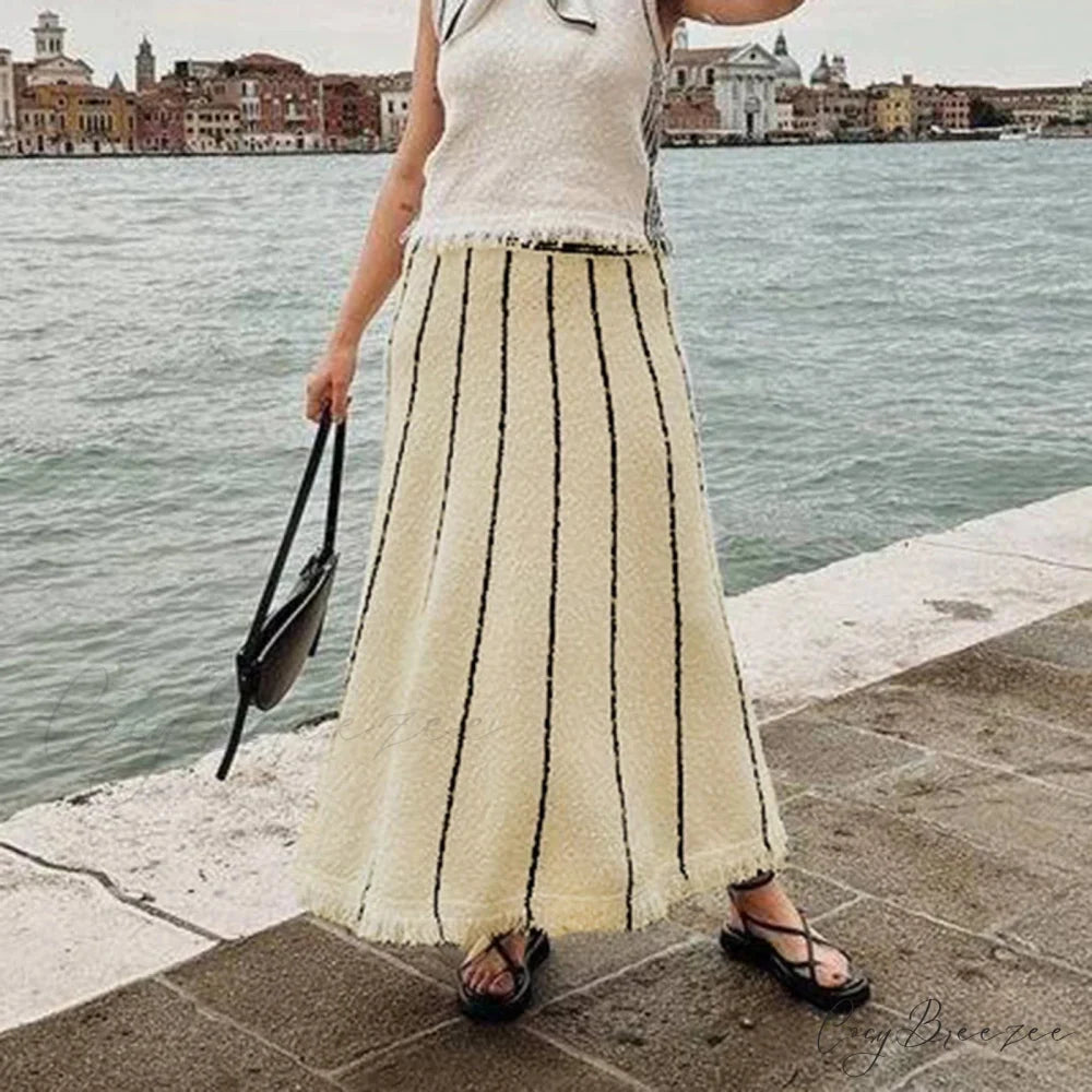 Striped Casual Vintage Elastic Waist Tassel Skirt