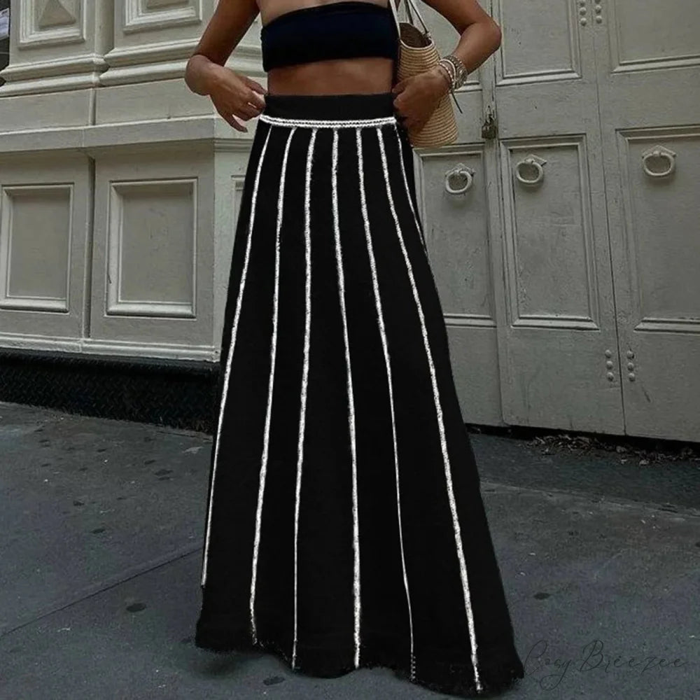 Striped Casual Vintage Elastic Waist Tassel Skirt Black / S