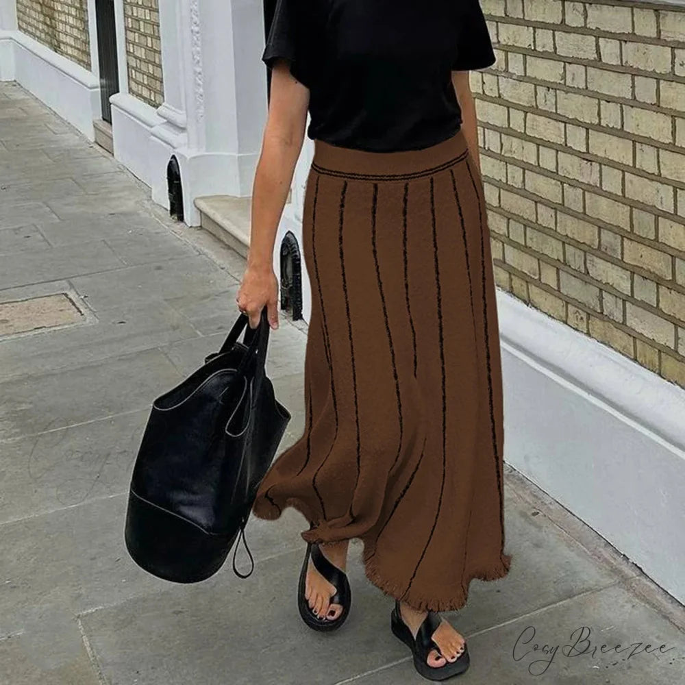 Striped Casual Vintage Elastic Waist Tassel Skirt Coffee / S