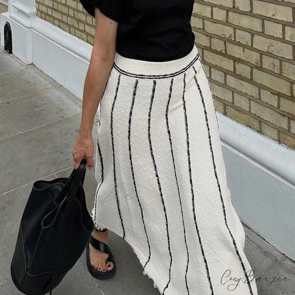 Striped Casual Vintage Elastic Waist Tassel Skirt WHITE / M