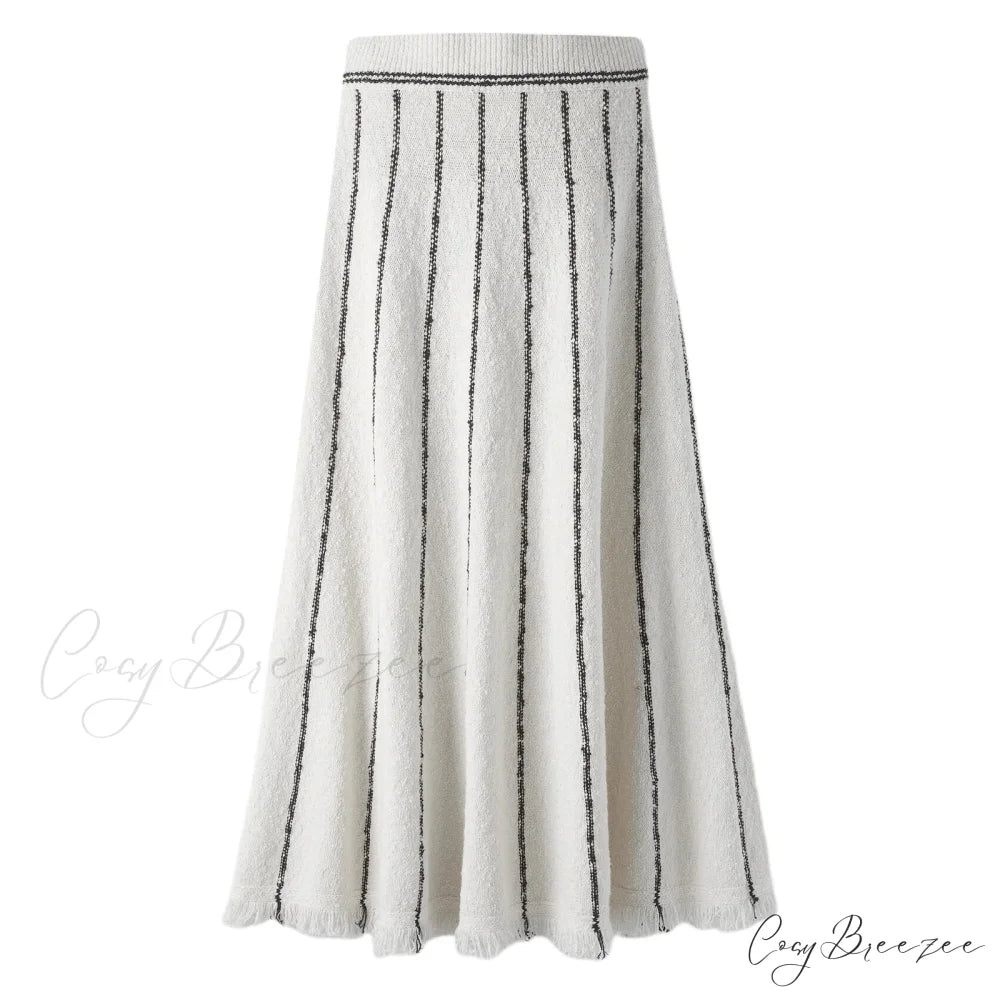 Striped Casual Vintage Elastic Waist Tassel Skirt WHITE / S