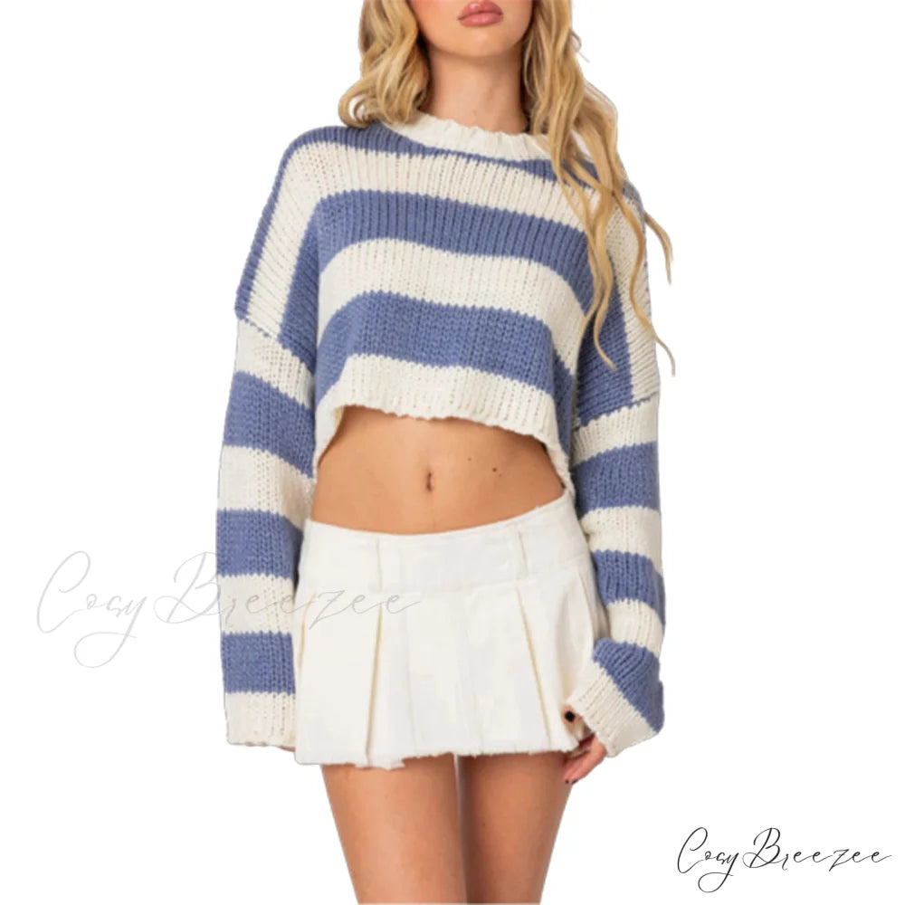 Striped Crew Neck Loose Sweater Blue / S swraters-241228