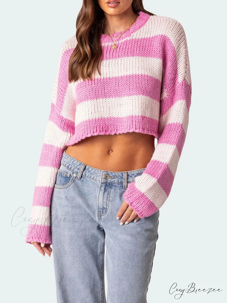 Striped Crew Neck Loose Sweater Pink / S swraters-241228