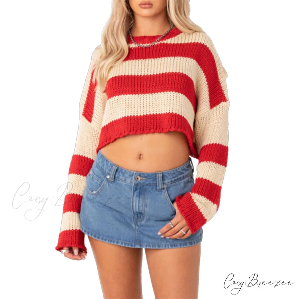 Striped Crew Neck Loose Sweater Red / S swraters-241228