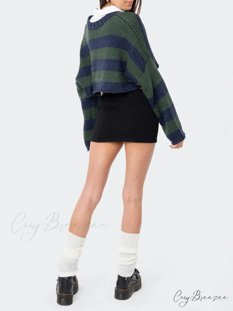Striped Crew Neck Loose Sweater swraters-241228