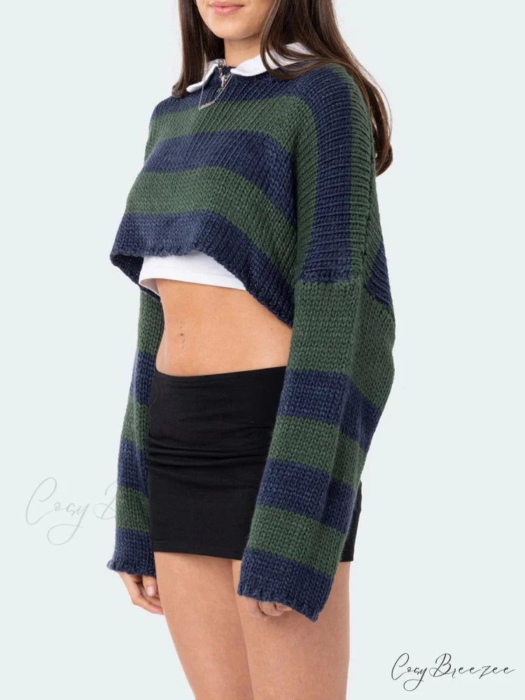 Striped Crew Neck Loose Sweater swraters-241228