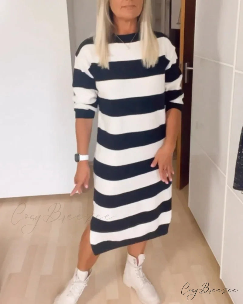 Striped Dress with Round Neck Black / S
