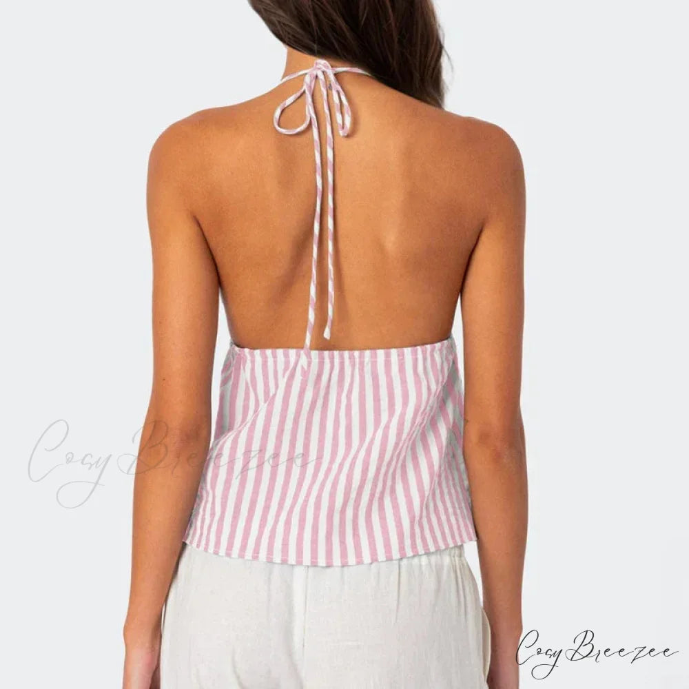 Striped Front Tie Halter Low Cut Crop Top croptop-250126