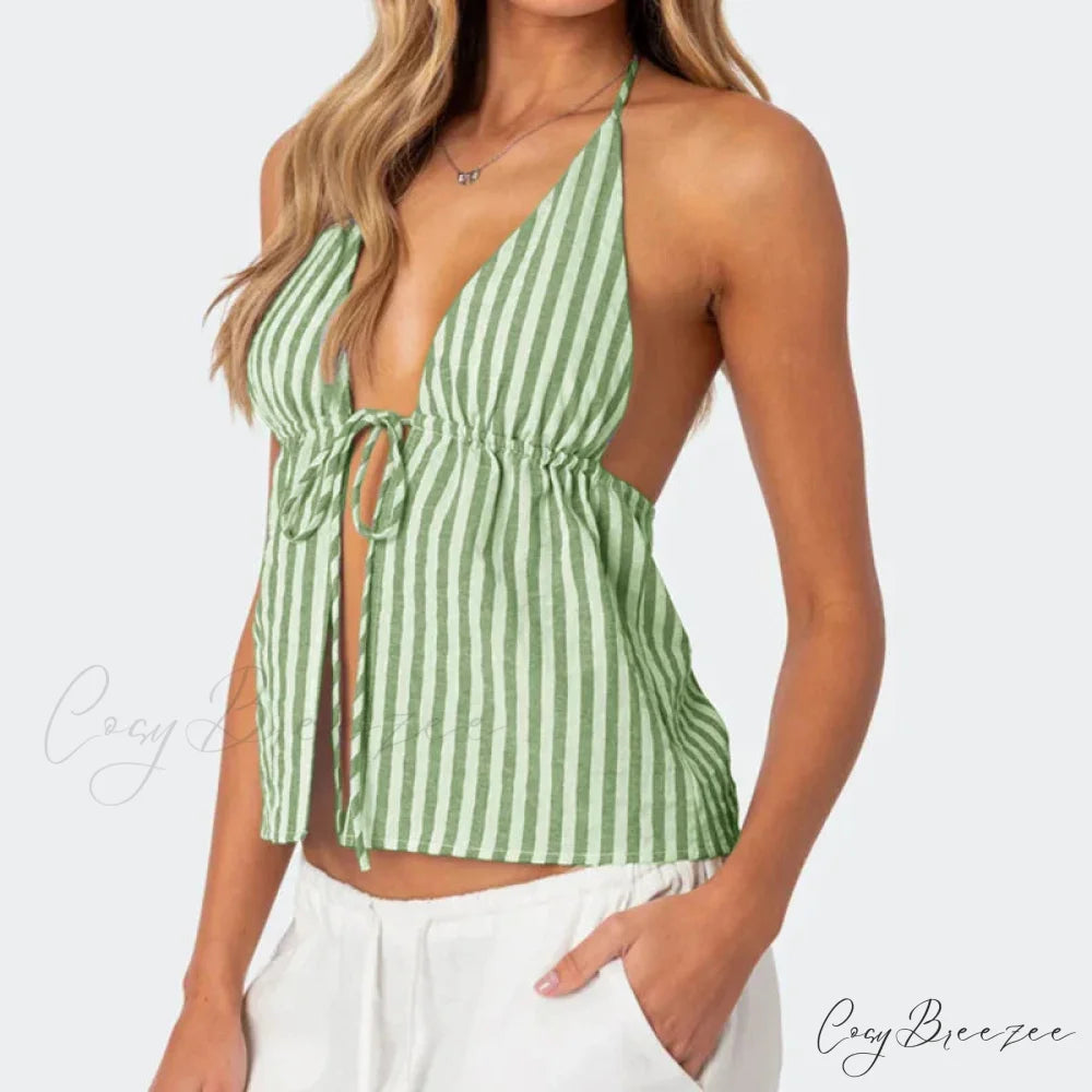 Striped Front Tie Halter Low Cut Crop Top Green / S croptop-250126