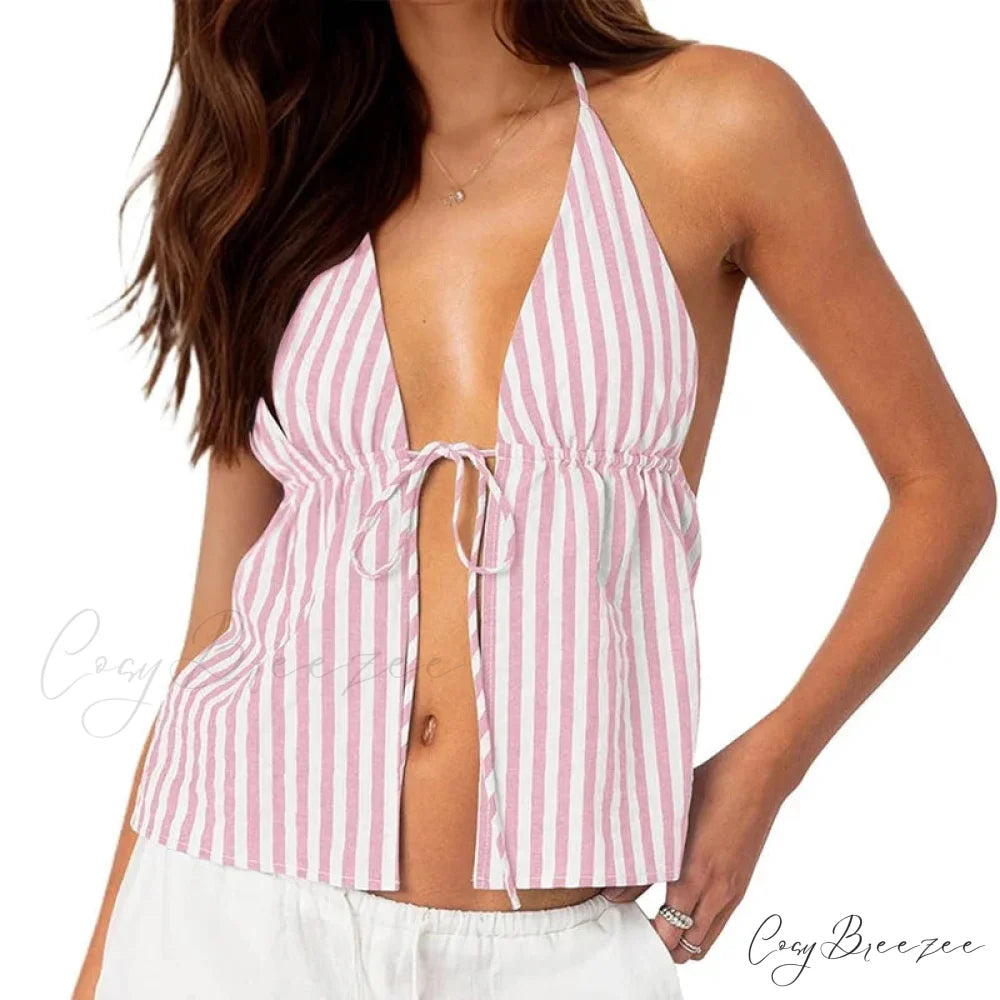 Striped Front Tie Halter Low Cut Crop Top Pink / S croptop-250126