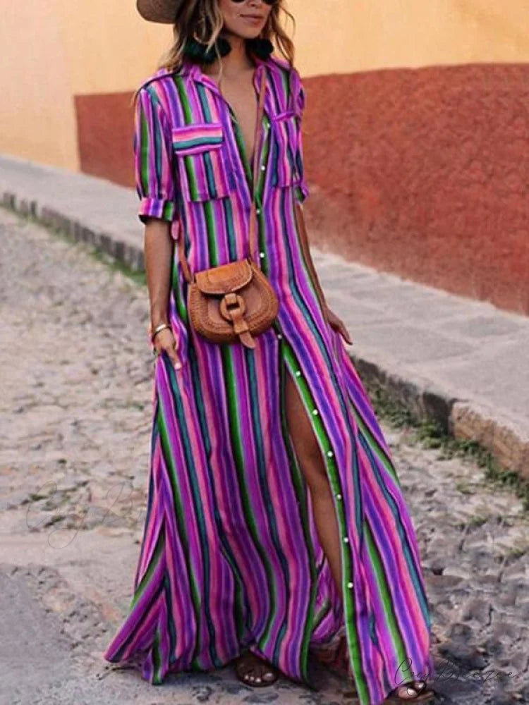 Striped Full-Length Bohemia Dress S / Blue