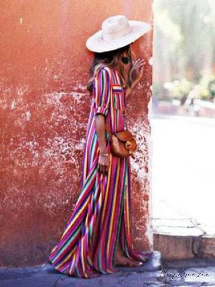 Striped Full-Length Bohemia Dress S / Purple