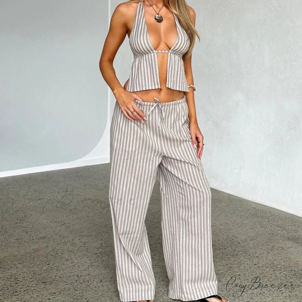 Striped Halter Backless Crop Top white / S croptop-250223
