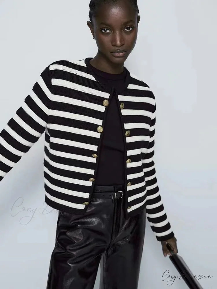 Striped Informal Classic Knit Cardigan cardigans-241228