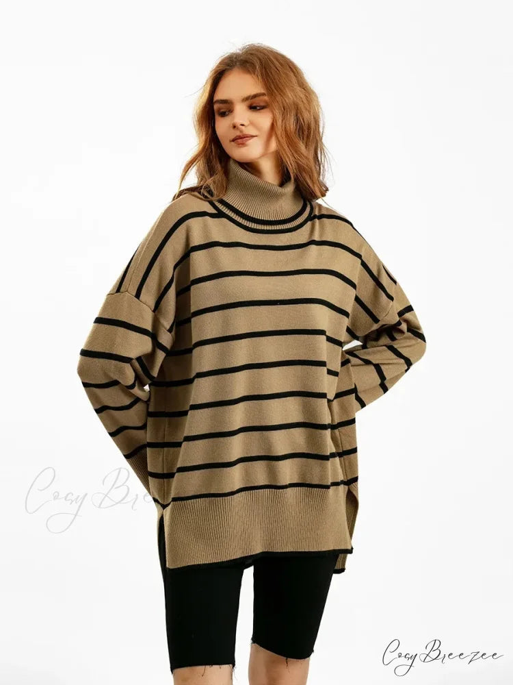Striped Informal Heavy Black Sweater khaki / One Size swraters-241228