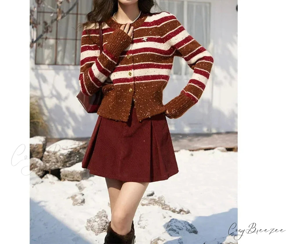 Striped Knitted Round Neck Cardigan Red / One Size