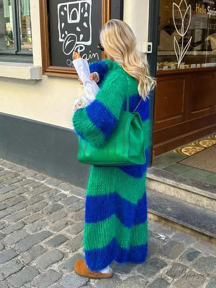 Striped Lantern Sleeve Oversized Cardigan cardigans-241228
