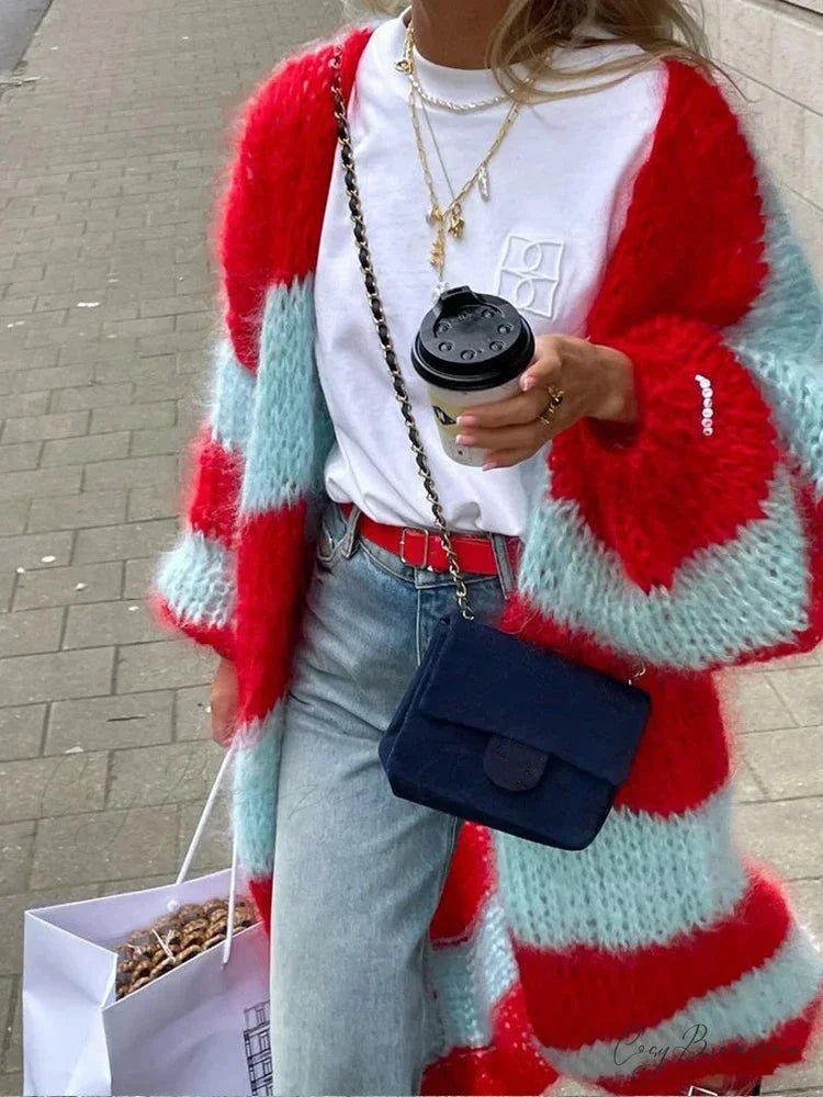 Striped Lantern Sleeve Oversized Cardigan cardigans-241228