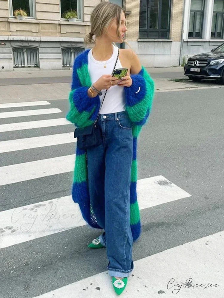 Striped Lantern Sleeve Oversized Cardigan cardigans-241228