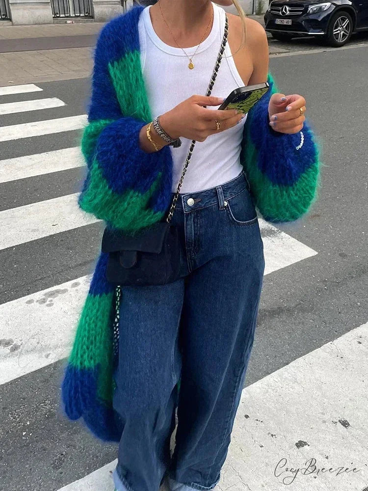 Striped Lantern Sleeve Oversized Cardigan Green / S cardigans-241228