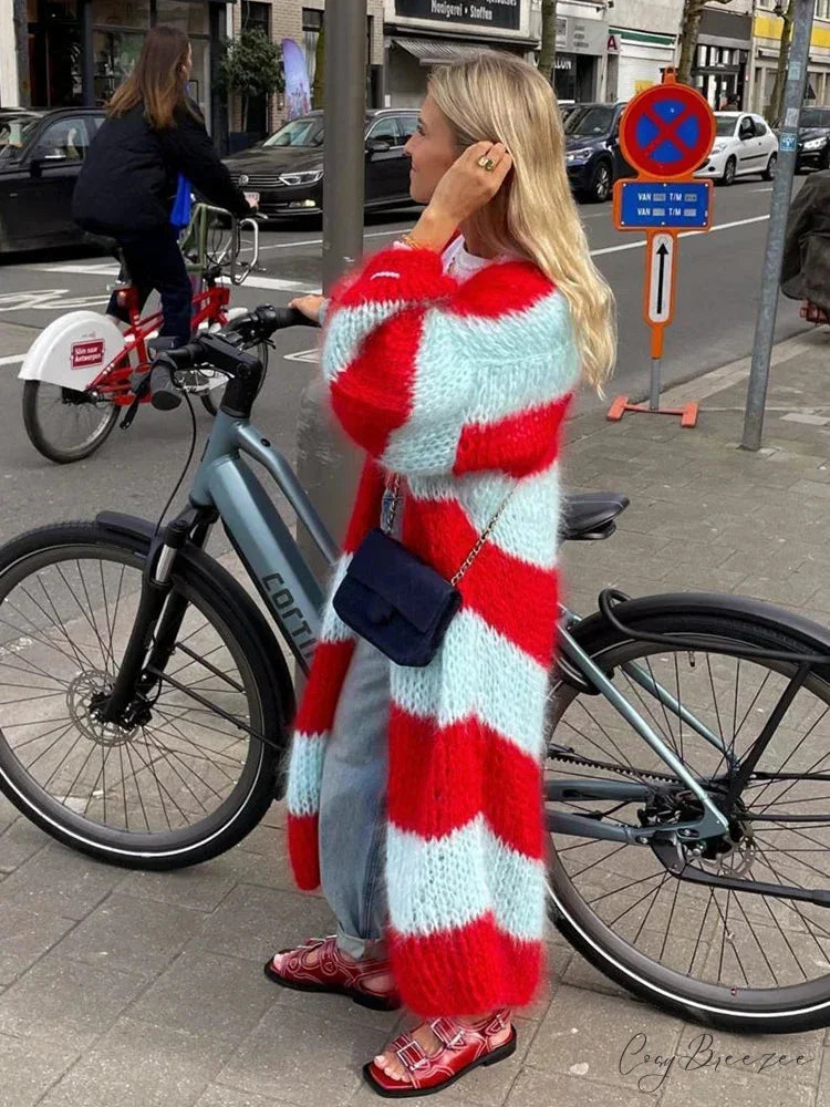 Striped Lantern Sleeve Oversized Cardigan Red / S cardigans-241228