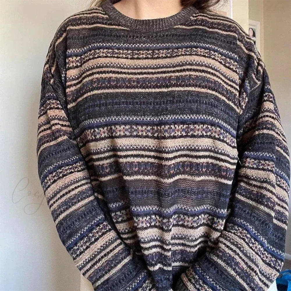 Striped O-neck Baggy Sweater Brown / S swraters-241228
