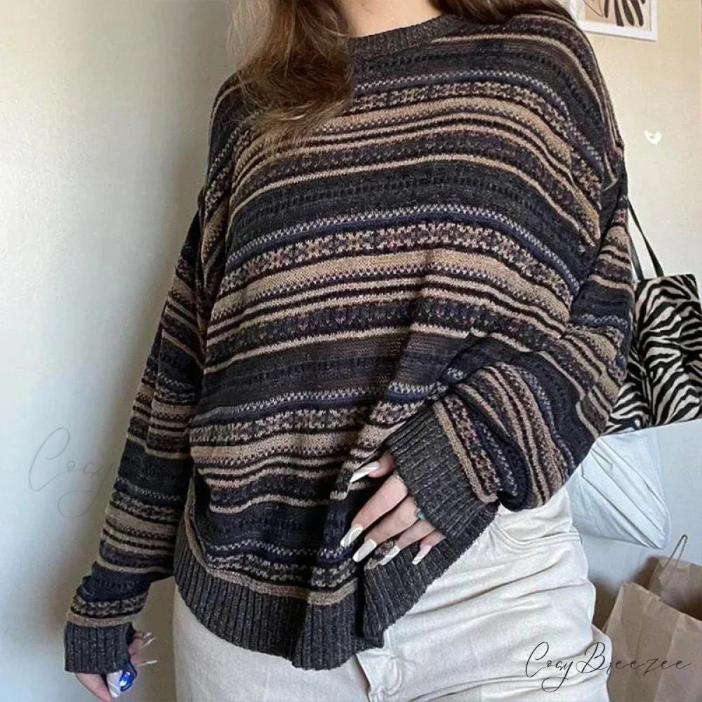 Striped O-neck Baggy Sweater swraters-241228