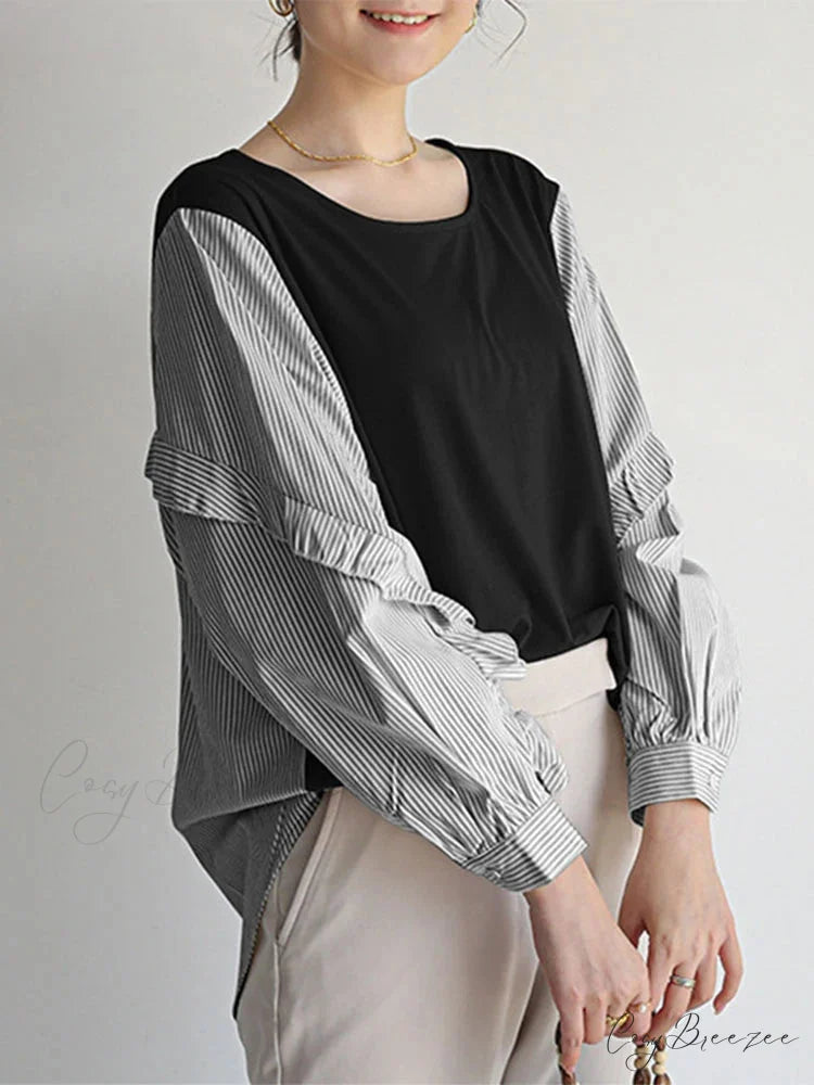 Striped Patchwork Frilled Relaxed Blouse blouse-250126