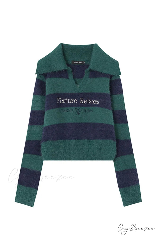 Striped Patchwork Knitted Sweater with Lapel